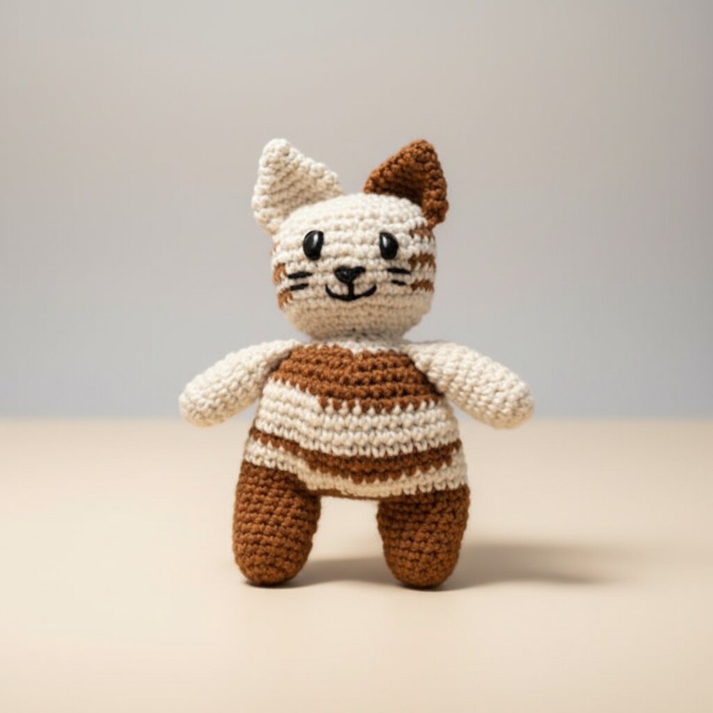 Crocheted cat toy with brown and white stripes on a neutral background